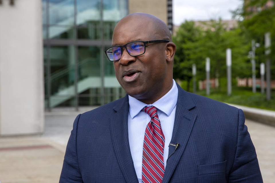 FILE - Rep. Jamaal Bowman, D-N.Y., talks at a campaign stop in White Plains, N.Y., on June 11, 2024. Bowman faces Westchester County Executive George Latimer in Tuesday's primary election. (AP Photo/Ted Shaffrey, File)