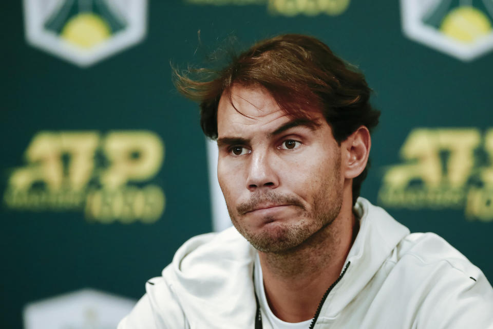 Rafael Nadal pulled out of the Paris Masters tennis tournament due to an abdominal strain. (AP Photo/Kamil Zihnioglu)