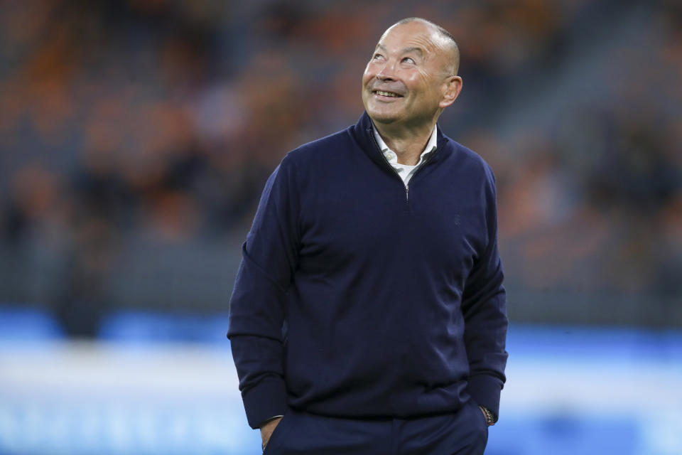 England coach Eddie Jones reacts as he watches his players warm-up ahead of the rugby international between England and the Wallabies in Perth, Australia, Saturday, July 2, 2022. (AP Photo/Gary Day)