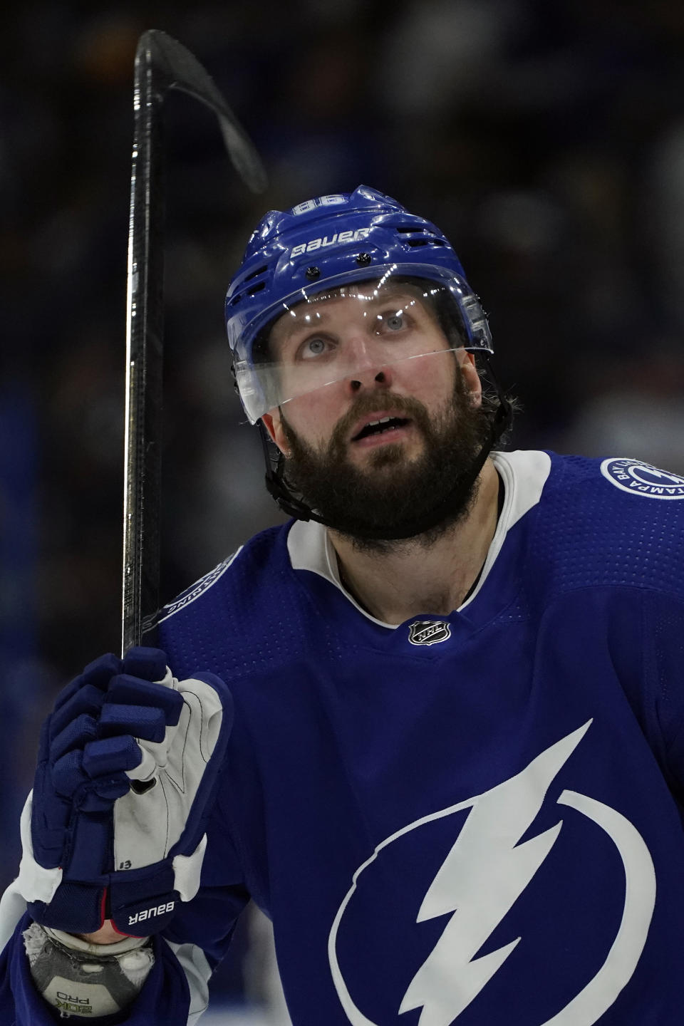 Tampa Bay Lightning right wing Nikita Kucherov (86) reacts after the team lost to the New York Islanders during Game 1 of an NHL hockey Stanley Cup semifinal playoff series Sunday, June 13, 2021, in Tampa, Fla. (AP Photo/Chris O'Meara)