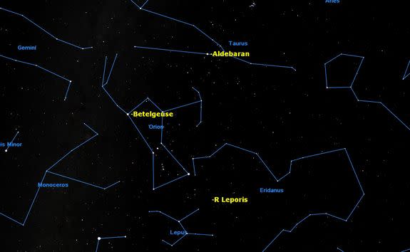 Look south around midnight to spot three of the reddest stars in the sky: Aldebaran, Betelgeuse and R Leporis.