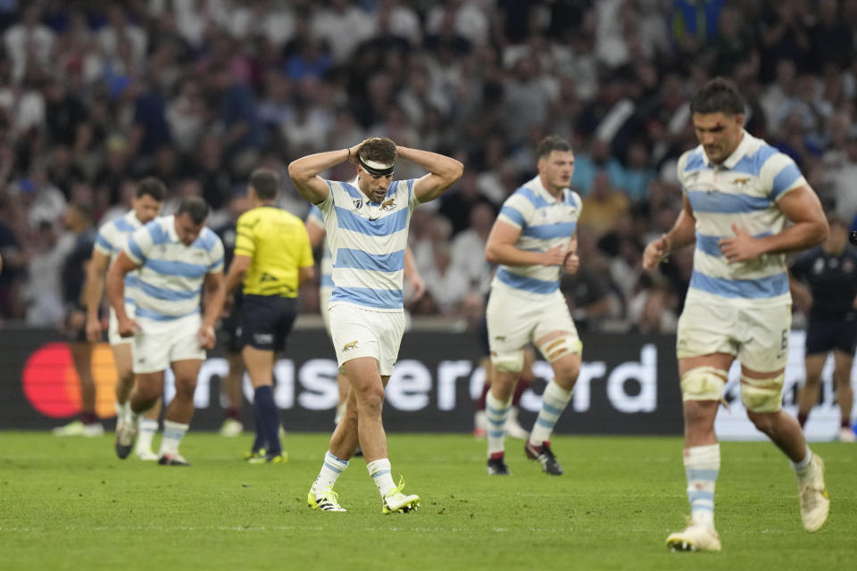 Argentina's Juan Cruz Mallia reacts at the end of the Rugby World Cup Pool D match between England and Argentina in the Stade de Marseille, Marseille, France Saturday, Sept. 9, 2023. England won the game 27-10. (AP Photo/Pavel Golovkin)