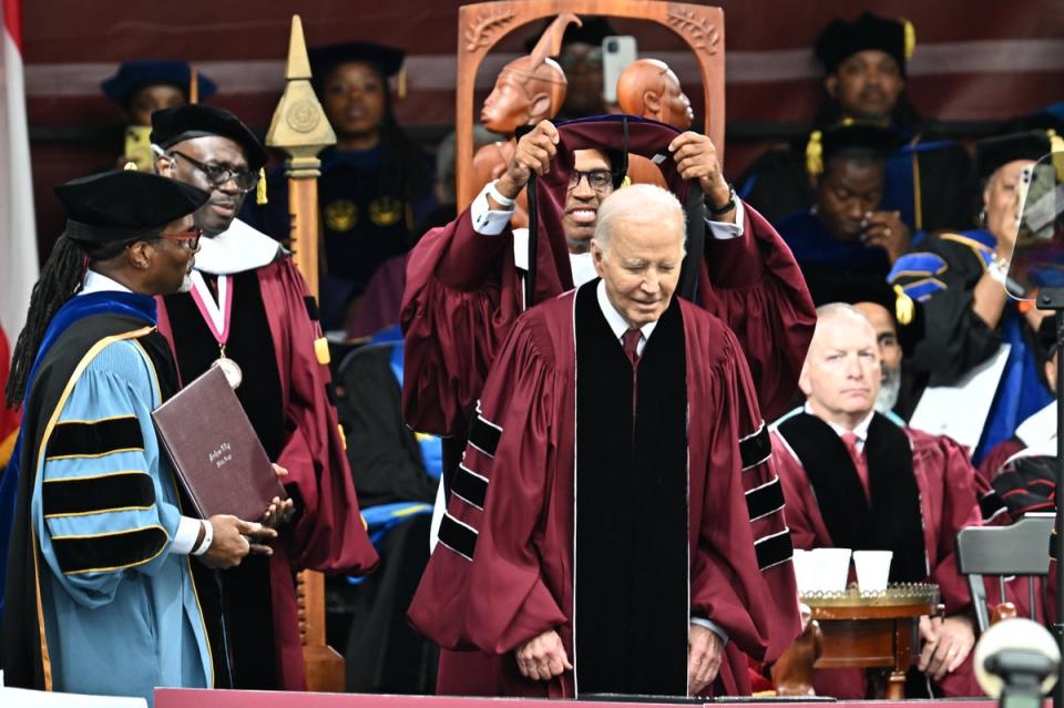 U.S. President Joe Biden receives Honorary Doctor of Laws degree from Morehouse College during the 2024 140th Morehouse College Commencement Ceremony at Morehouse College on May 19 (Getty)