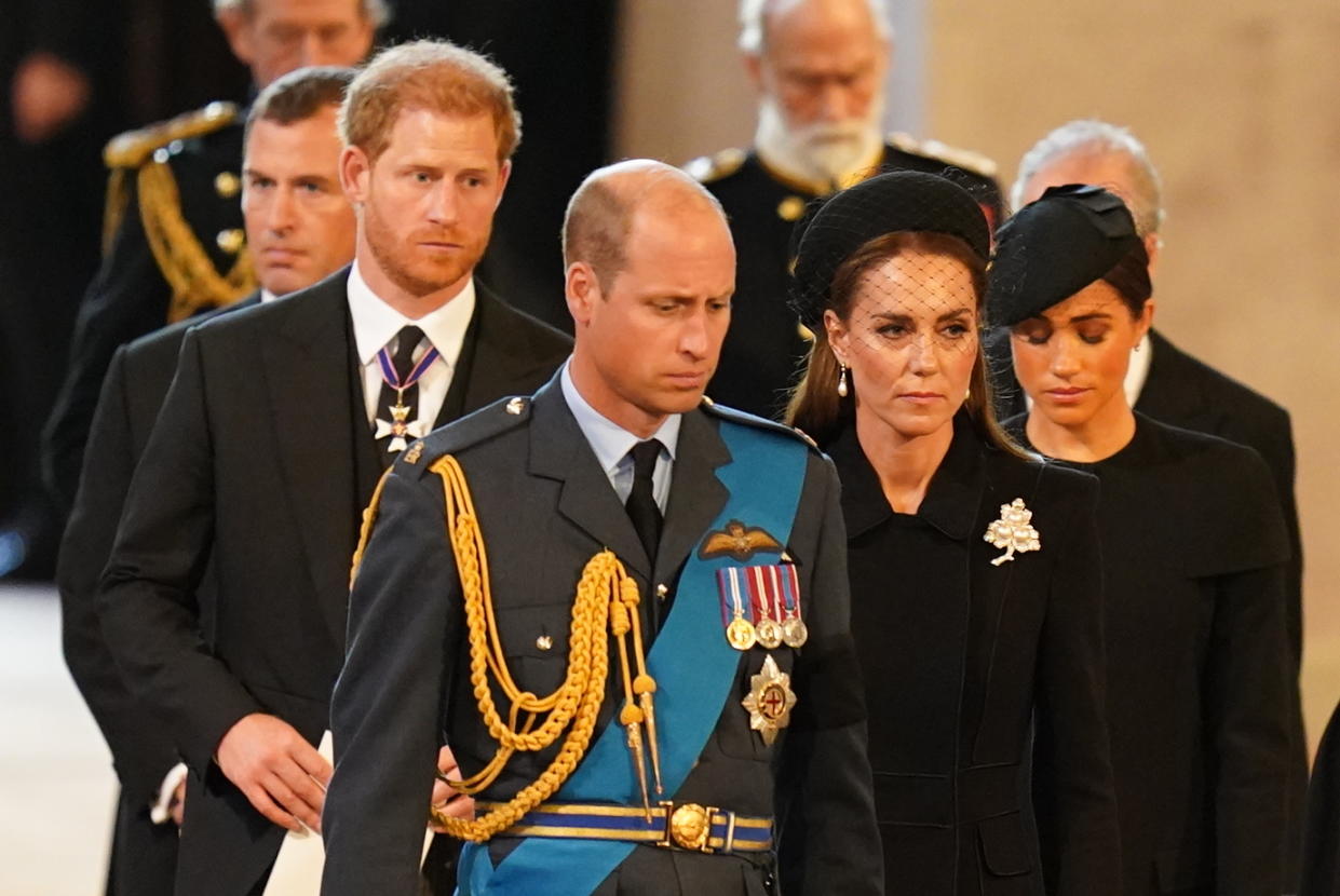 (Left to right) Peter Phillips, the Duke of Sussex, the Prince of Wales, the Princess of Wales and the Duchess of Sussex follow the bearer party carrying the coffin of Queen Elizabeth II into Westminster Hall, London, where it will lie in state ahead of her funeral on Monday. Picture date: Wednesday September 14, 2022.