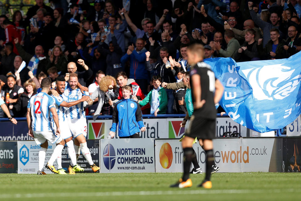 <p>Huddersfield Town’s Laurent Depoitre celebrates scoring their first goal Action Images via Reuters/Ed Sykes </p>