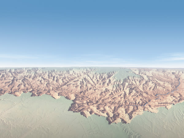 Grand Canyon National Park, Arizona. Coconino Plateau and the South Rim occupy the foreground of this northward looking panorama. The higher North Rim and Kaibab Plateau appear in the distance.