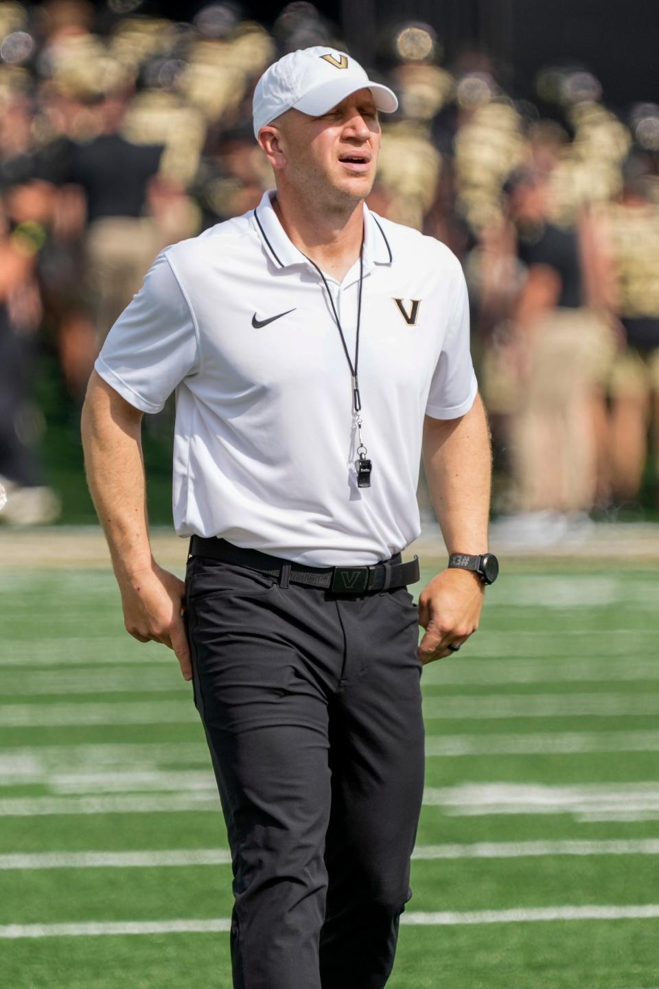 Sep 9, 2023; Winston-Salem, North Carolina, USA; Vanderbilt Commodores head coach Clark Lea during the first quarter against the Wake Forest Demon Deacons at Allegacy Federal Credit Union Stadium. Mandatory Credit: Jim Dedmon-USA TODAY Sports