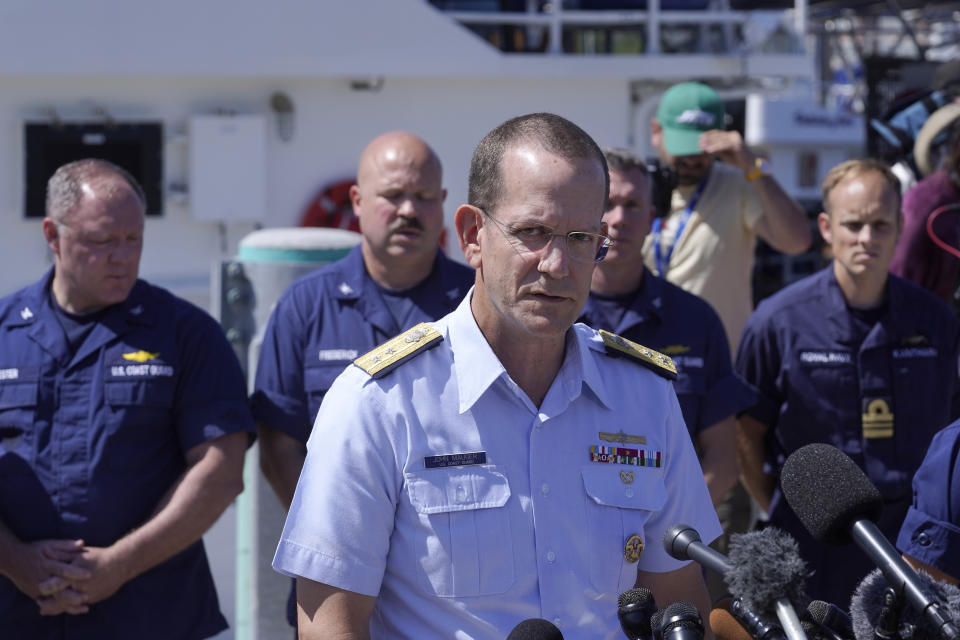 U.S. Coast Guard Rear Adm. John Mauger, commander of the First Coast Guard District, talks to the media, Thursday, June 22, 2023, at Coast Guard Base Boston, in Boston. The missing submersible Titan imploded near the wreckage of the Titanic, killing all five people on board, according to the U.S. Coast Guard. (AP Photo/Steven Senne)