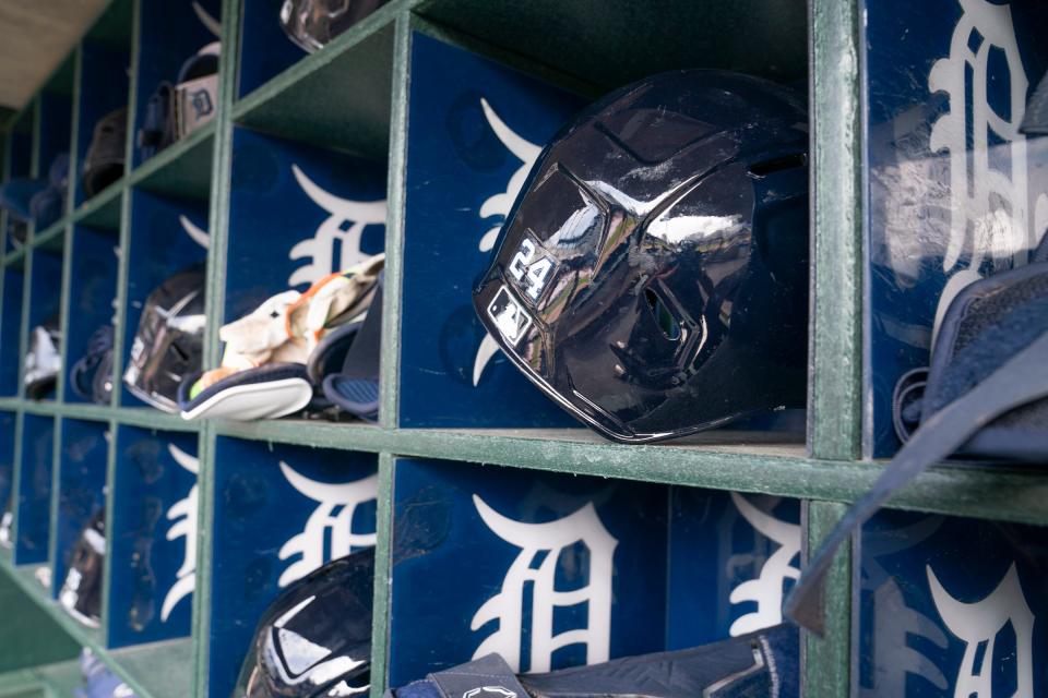 Miguel Cabrera's batting helmet sits in its dugout cubby before the Detroit Tigers take on the Cleveland Guardians at Comerica Park in Detroit, Sunday, Oct. 1, 2023.