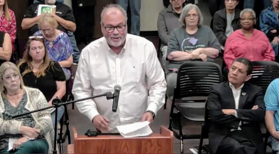 Pastor Scott Beard speaks at the Abilene City Council meeting April 28 in favor of making Abilene a 'sanctuary city for the unborn.'