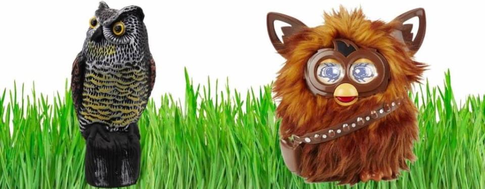 Hausse Solar Powered Fake Owl Decoy Scarecrow Decoy and STAR WARS Furbacca