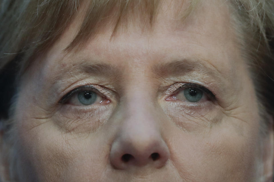 German Christian Democratic Party, CDU, chairwoman and Chancellor Angela Merkel addresses the media during a news conference after a party's leaders meeting at the headquarters the in Berlin, Germany, Monday, Oct. 29, 2018. (AP Photo/Markus Schreiber)