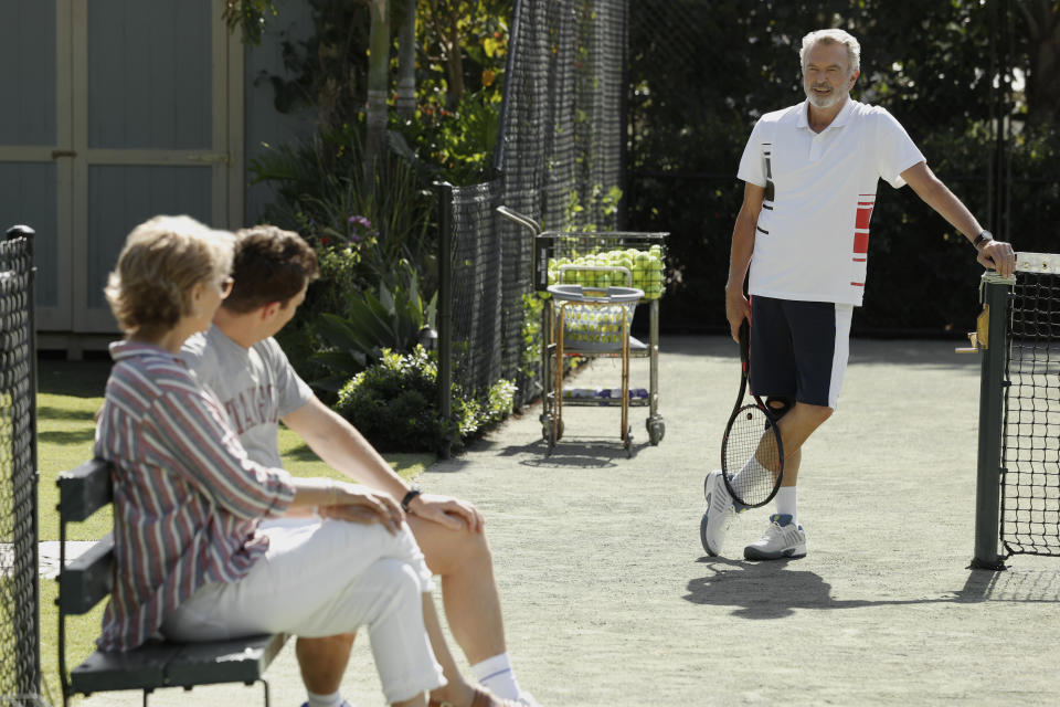 APPLES NEVER FALL -- "The Delaneys" Episode 101 -- Pictured: (l-r) Annette Bening as Joy, Jake Lacy as Troy, Sam Neill as Stan -- (Photo by: Vince Valitutti/PEACOCK)