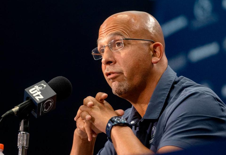 Penn State football coach James Franklin answers questions during media day on Saturday, Aug. 6, 2022.