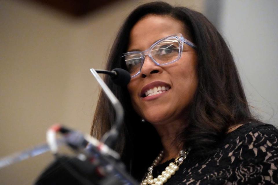 FILE -State Sen. Mia McLeod, who is seeking the Democratic gubernatorial nomination, speaks at the South Carolina Democratic Party Black Caucus’ ”Sunday Dinner” on Sunday, March 27, 2022, in Columbia, S.C. At least some of the five South Carolina Democrats seeking their party’s gubernatorial nomination are expected to debate, just more than a week before the state’s primary elections.(AP Photo/Meg Kinnard, File)