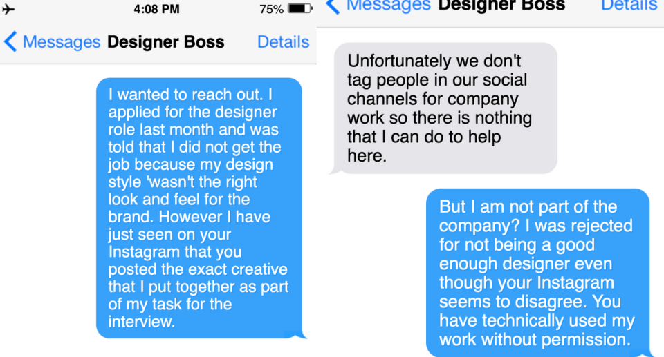 Texts between a jobseeker and a company