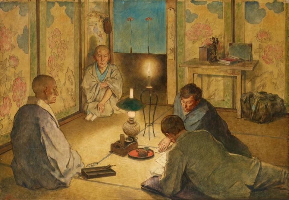 <span class="caption">Félix Régamey, <em>Discussion entre un prêtre shintoïste et un prêtre de la secte Tendai pour faire valoir les beautés de leurs croyances</em>, 1877-1878, huile sur toile.</span> <span class="attribution"><span class="source">RMN Grand Palais</span></span>