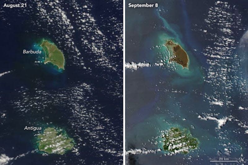 side-by-side nasa satellite images show the destruction from hurricane irma in barbuda