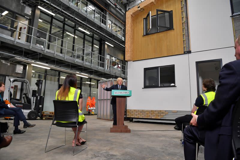 Britain's Prime Minister Boris Johnson delivers a speech during his visit to Dudley College of Technology in Dudley