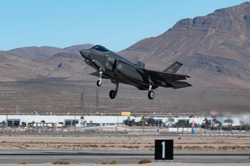 A Royal Australian Air Force F-35A lands at Nellis Air Force Base, Nevada, Jan. 10, 2024 in preparation for Red Flag-Nellis 24-1.