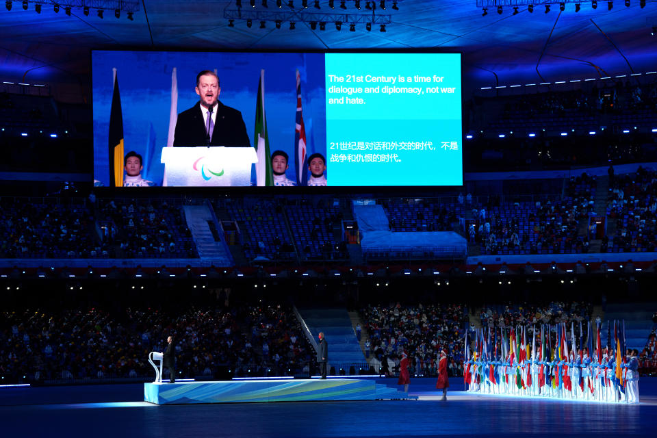 IPC president Andrew Parsons gave an impassioned speech at the opening ceremony of the Beijing 2022 Winter Paralympic Games (Bob Martin for OIS/PA) (PA Media)