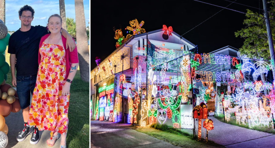 Jamie and his partner Laeticia are pictured in the left image. Image of house covered in Christmas lights on the right.
