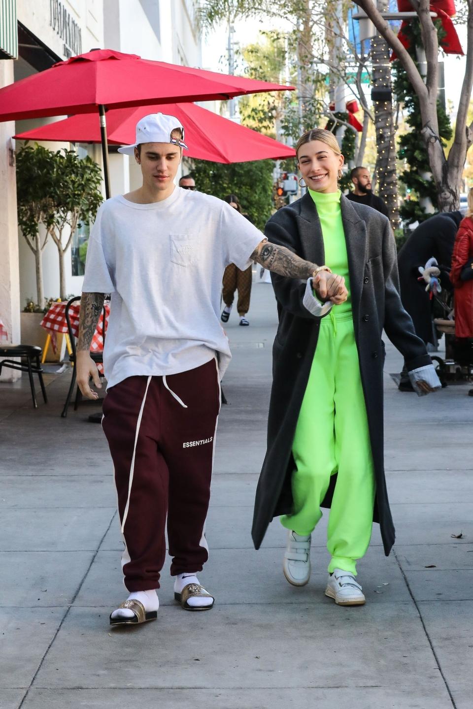 Hailey Bieber takes the neon trend from the cozy to chic.