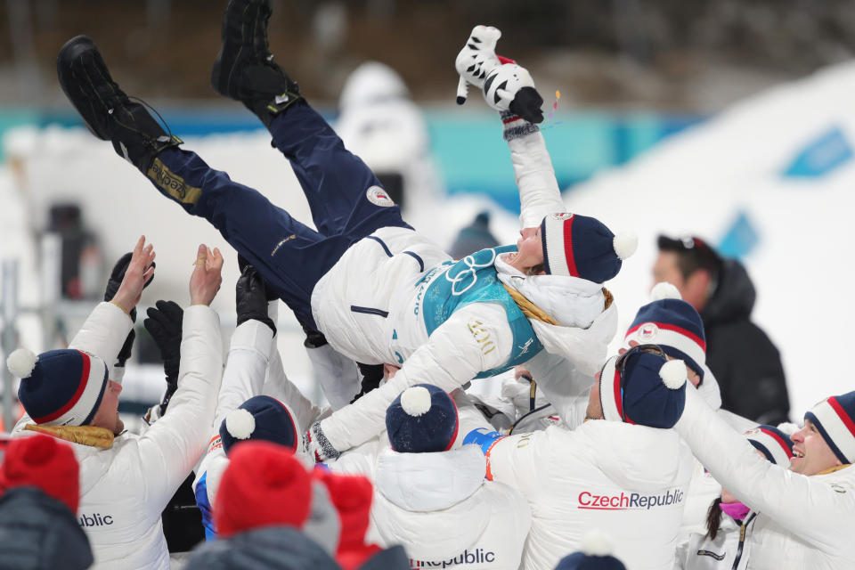 <p>Veronika Vitkova of the Czech Republic celebrates with team members after the victory ceremony for the Women’s Biathlon 7.5km Sprint on day one of the PyeongChang 2018 Winter Olympic Games at Alpensia Biathlon Centre on February 10, 2018 in Pyeongchang-gun, South Korea. (Photo by Andreas Rentz/Getty Images,) </p>