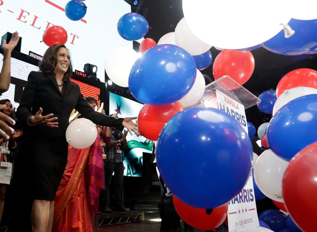 Democratic U.S. Senate candidate Kamala Harris greets supporters at a election night rally Tuesday, Nov. 8, 2016 in Los Angeles. 