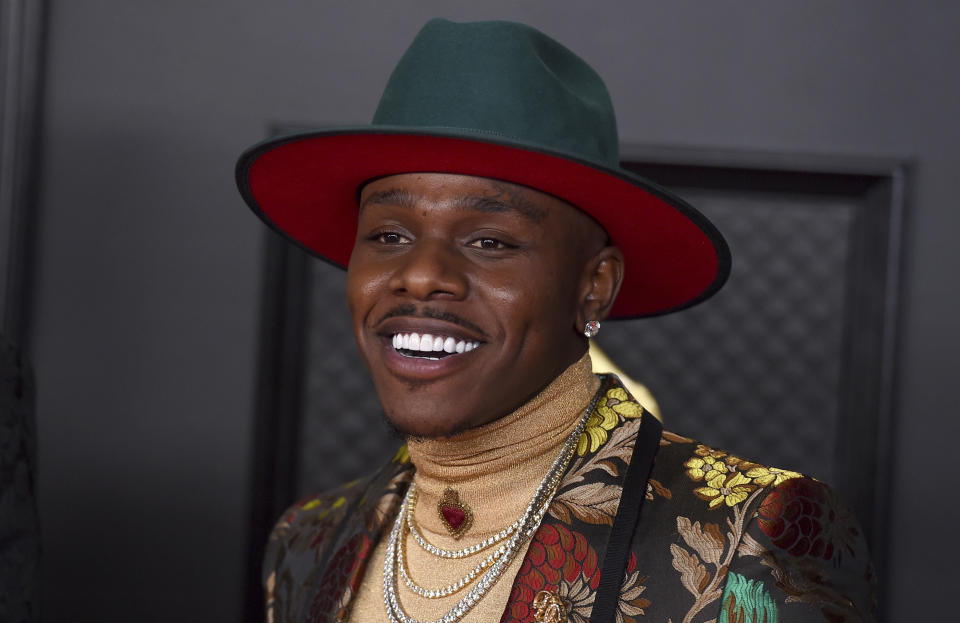 FILE - In this Sunday, March 14, 2021, file photo, DaBaby arrives at the 63rd annual Grammy Awards at the Los Angeles Convention Center. Grammy-nominated rapper DaBaby is being questioned by Miami Beach police regarding a shooting that wounded two people, officials said Tuesday, June 1, 2021. Miami Beach police spokesman Ernesto Rodriguez said in a news release that Jonathan Kirk, which is DaBaby’s legal name, is one of many people being questioned by officials on Tuesday. No arrests have been made. (Photo by Jordan Strauss/Invision/AP, File)