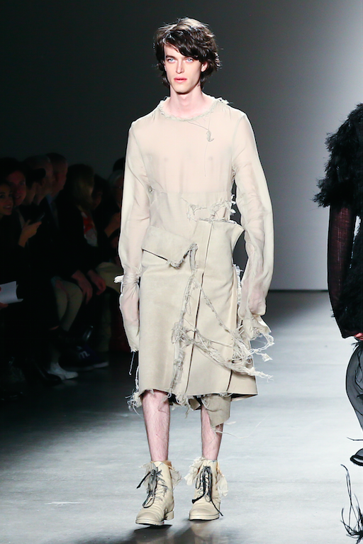 Pratt graduate Yougen Won’s look called to mind some of Rick Owens’ more outré, androgynous designs.