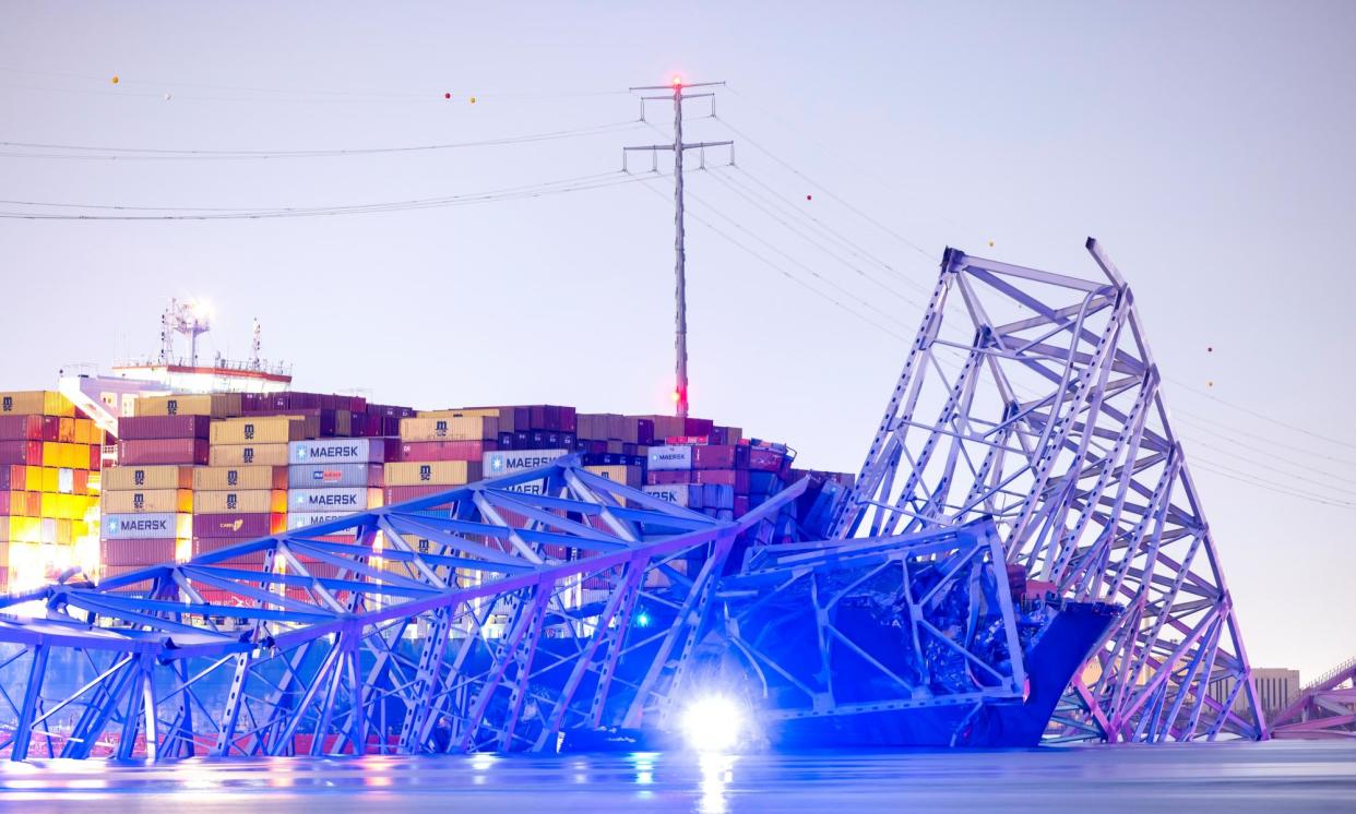 <span>The collapsed Francis Scott Key Bridge after it was hit by a cargo ship.</span><span>Photograph: Jim Lo Scalzo/EPA</span>