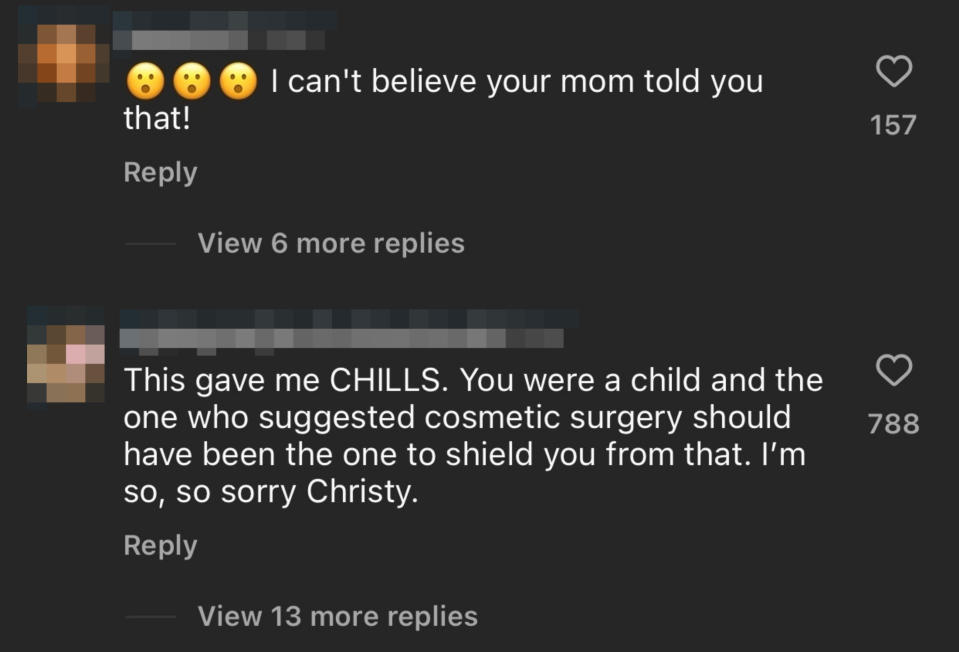 Two Instagram comments: "I can't believe your mom told you that!" and "This gave me CHILLS; you were a child and the one who suggested cosmetic surgery should have been the one to shield you from that"