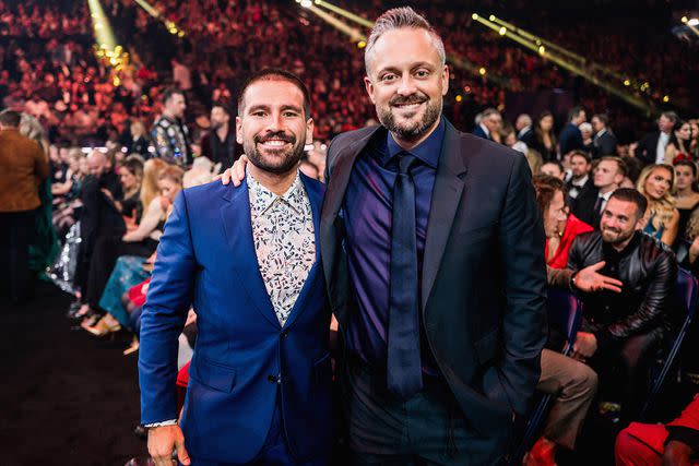 <p>John Shearer/Getty Images for CMA</p> Shay Mooney of Dan + Shay and Nate Bargatze at the CMA Awards at Bridgestone Arena on Nov. 8, 2023 in Nashville