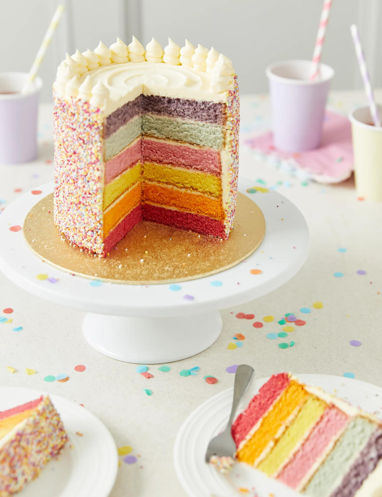 Multicoloured rainbow cake. (M&S)