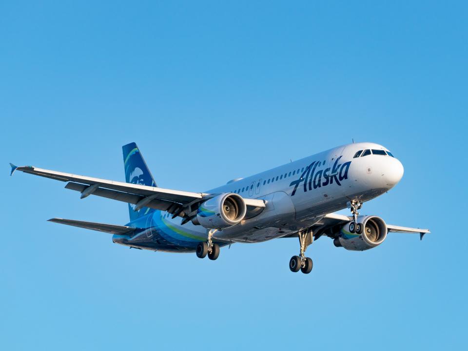 An Alaska Airlines plane in flight.