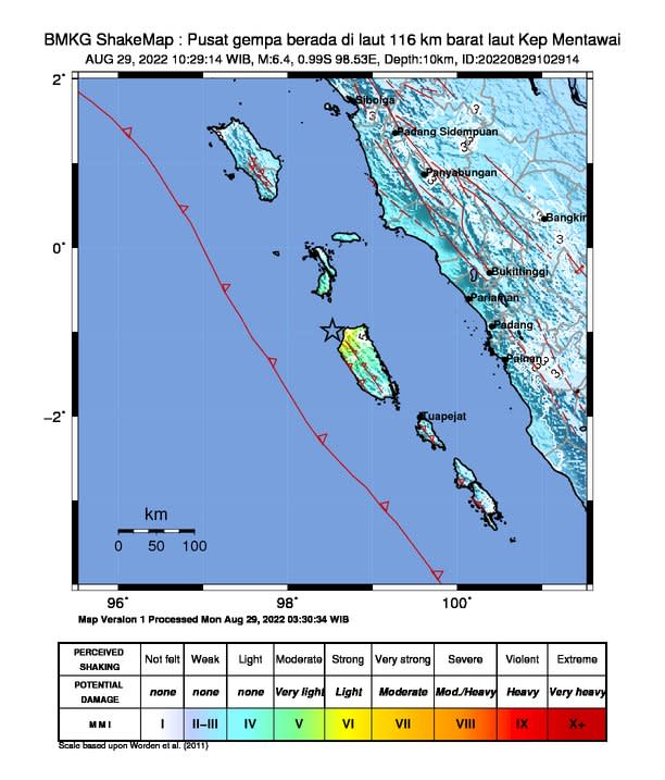 29日上午10點半左右，一起規模6.1的地震襲擊印尼的蘇門答臘島外海。(圖：BMKG)