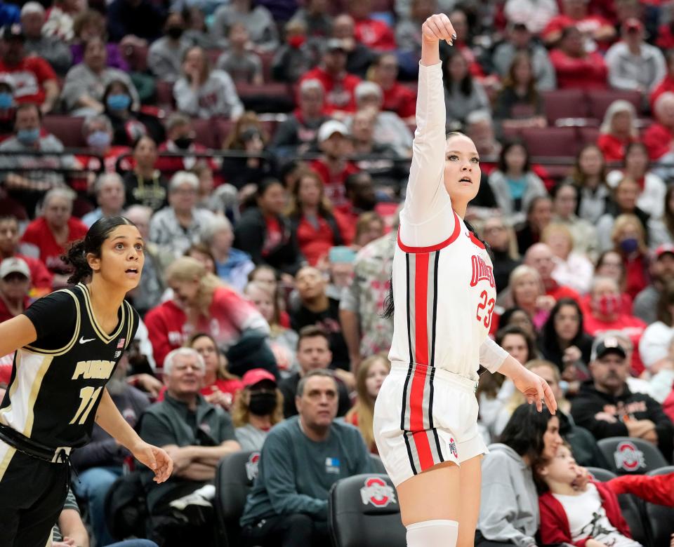 Jan 29, 2023; Columbus, OH, USA; Ohio State Buckeyes forward Rebeka Mikulasikova (23) misses a three pointer against Purdue Boilermakers guard Lasha Petree (11) during the first quarter of the NCAA women's basketball game at Value City Arena. 