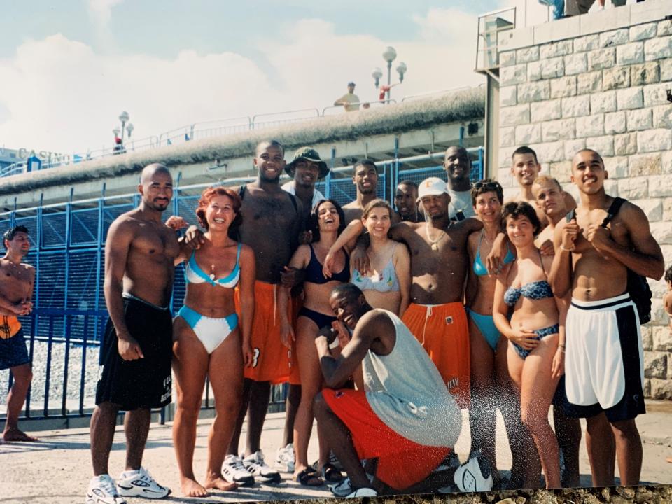 Tennessee basketball players attract a crowd on the French Riviera beach in Nice during a 1997 exhibition.
