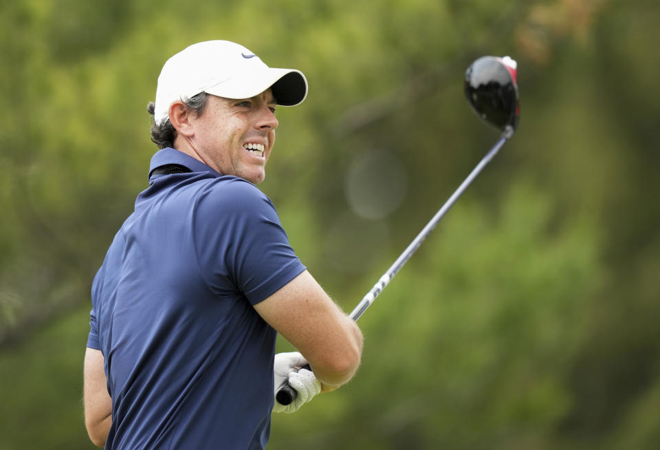 Rory McIlroy, of Northern Ireland, tees off on the second hole during the third round of the Canadian Open golf championship in Toronto, Ontario, Saturday, June 10, 2023. (Nathan Denette/The Canadian Press via AP)