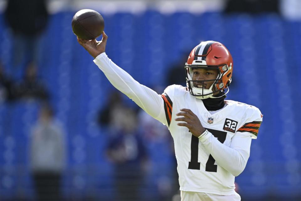 Cleveland Browns quarterback Dorian Thompson-Robinson throws during pre-game warm-ups.