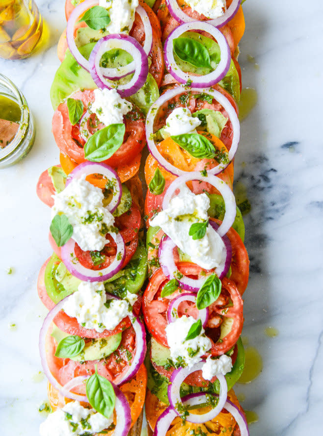 <p><strong>Get the <a href="http://www.howsweeteats.com/2015/07/heirloom-tomato-avocado-and-burrata-salad-on-grilled-garlic-toast/">Heirloom Tomato, Avocado and Burrata Salad on Grilled Garlic Toast recipe</a>&nbsp;from How Sweet It Is</strong></p>