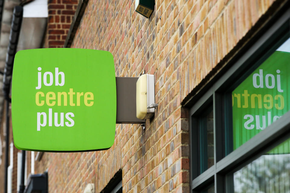 A Job Centre Plus sign is seen outside its central London office. (Photo by Dinendra Haria / SOPA Images/Sipa USA)