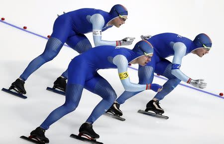 Speed Skating - Pyeongchang 2018 Winter Olympics - Men's Team Pursuit competition finals - Gangneung Oval - Gangneung, South Korea - February 21, 2018 -Havard Bokko, Simen Spieler Nilsen and Sverre Lunde Pedersen of Norway compete. REUTERS/Damir Sagolj