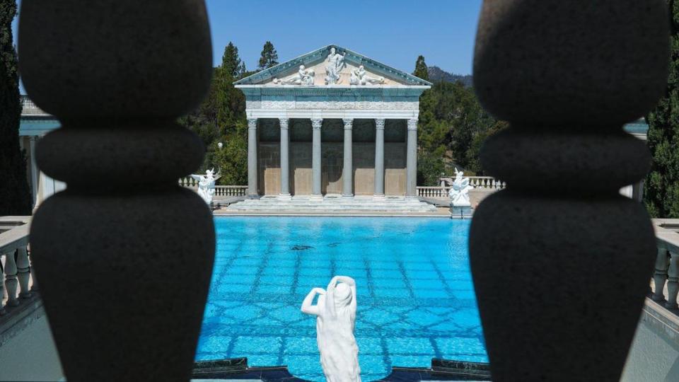 The Neptune Pool at Hearst Castle is framed by the railing on the dressing room level on April 6, 2022.