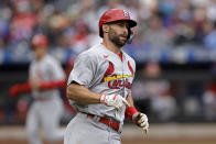 St. Louis Cardinals designated hitter Paul Goldschmidt rounds first base on an RBI double during the fifth inning of a baseball game against the New York Mets on Thursday, May 19, 2022, in New York. (AP Photo/Adam Hunger)