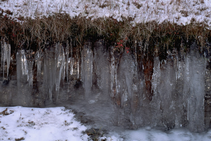 Icicles hanging from a snowy bank with frozen ground underneath