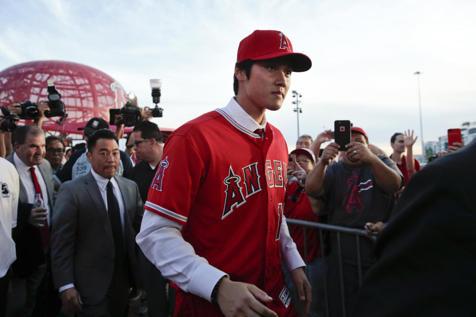 Shohei Ohtani has a first-degree sprain of his right UCL, according to a medical report. (AP)