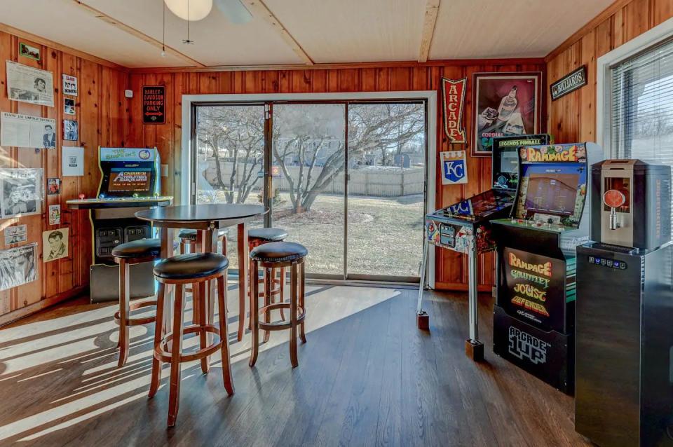 The game room at "Elvis Retreat House," an Airbnb rental available in Independence, Missouri.