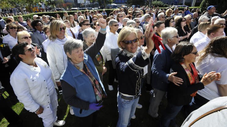 In Provincetown, Mass., over the weekend, 53 lesbian couples took part in Bride Pride: World's Largest All-Girl Wedding and Renewal Ceremony. (Photo: Steve Heaslip/Cape Cod Times)